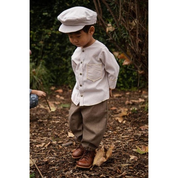 NWT Wren Amber Jake Boy Long Sleeve Shirt Size 2T-Upcycled Tan Seersucker - Picture 2 of 4